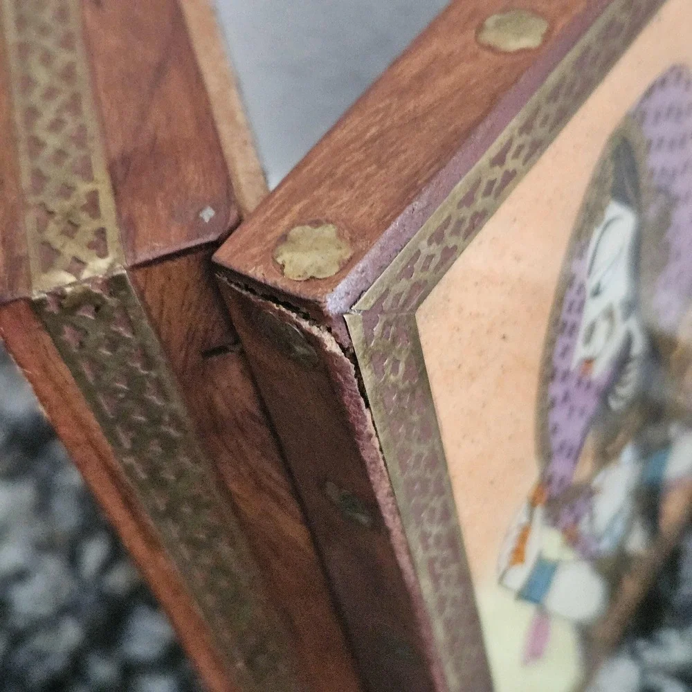 Vintage Indian Hand Painted Miniature Portrait Wood Jewelry Box Brass Inlay 5x4